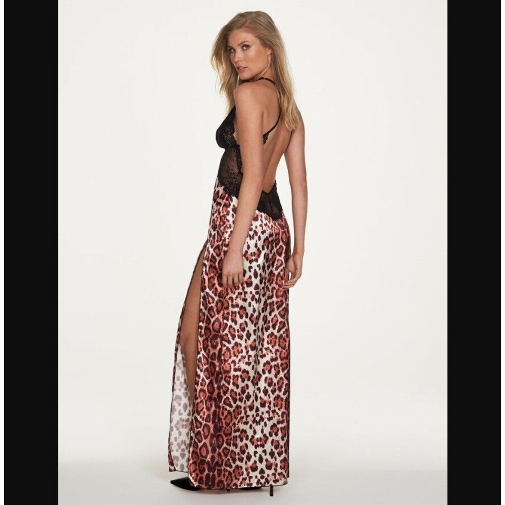 Fredericks Hollywood Lace Satin Gown S Leopard Slit Nightgown Set Boudoir NWT - Picture 10 of 16
